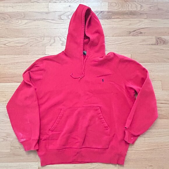 Polo Ralph Lauren Hoodie Sweatshirt Mens Large Red Distressed Faded Damaged - Picture 1 of 14